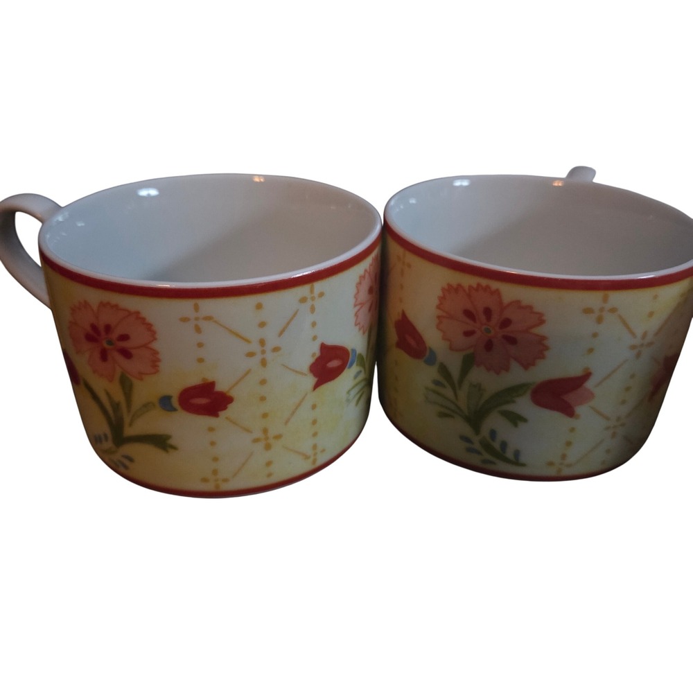 222 Fifth Juliet Fine Porcelain Floral Mugs Set of 2 Yellow Pink Red Flower Cups